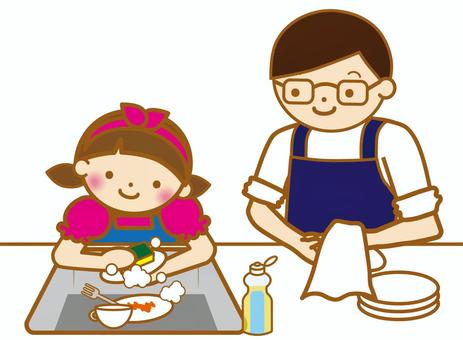 お父さんと食器洗いをする女の子 皿洗い,家事,分担,担当,洗う,仕事,食器,お皿,コップ,洗剤のイラスト素材