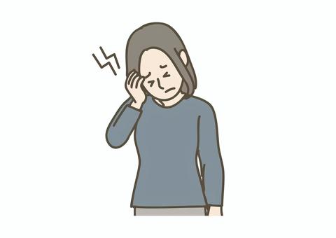 頭痛でこめかみを押さえる女性 頭痛,更年期,偏頭痛,体調不良,女性,ミドル,つらい,こめかみ,痛み,婦人科のイラスト素材