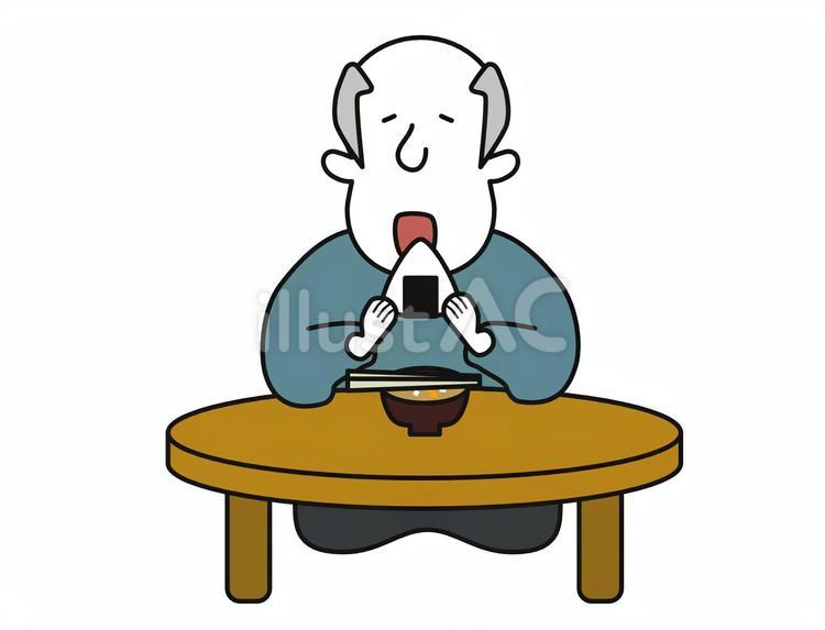 ちゃぶ台でおにぎりを食べる高齢男性-色 １人,高齢者,食事のイラスト素材