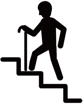 杖を使って階段を上がる老人・その２ 老人,階段,杖,ピクトグラム,アイコン,棒人間,段差,通路,道,運動のイラスト素材