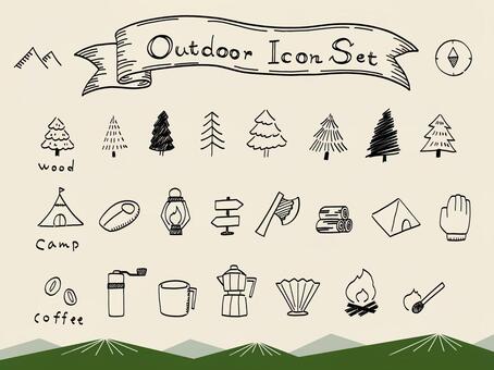 コーヒーを楽しむアウトドアアイコンセット アウトドア,キャンプ,森,コーヒー,テント,寝袋,ランタン,斧,アイコン,道標のイラスト素材
