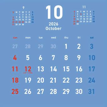 2026カレンダーC3 10月 264 カレンダー,2026年,10月,神無月,october,スポーツの日,令和8年,日曜始まり,スケジュール,1年のイラスト素材
