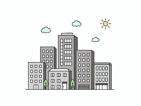 ビルの街並みをイメージしたイラスト ビル,建物,正面,外観,建築,建造物,オフィス,都市のイラスト素材