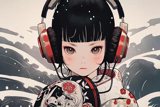 Japanese style girl with headphones, , JPG