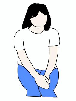 座っている女性 人物,女性,黒髪,ロングヘア,半袖,ズボン,猫背のイラスト素材