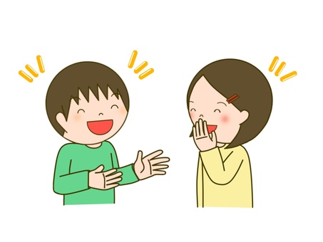 楽しく会話する二人 男,女,子ども,幼児,園児,小学生,会話,コミュニケーション,話,笑うのイラスト素材