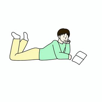 寝転んでくつろいでる男性 男性,人物,シンプル,1人,全身,くつろぎ,リラックス,寝転ぶ,読書,本のイラスト素材