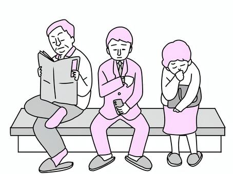 病院の待合室で長く待ってる人たち 病院,医院,ドクター,待合室,待合,待つ,イライラ,そわそわ,しんどい,おじさんのイラスト素材