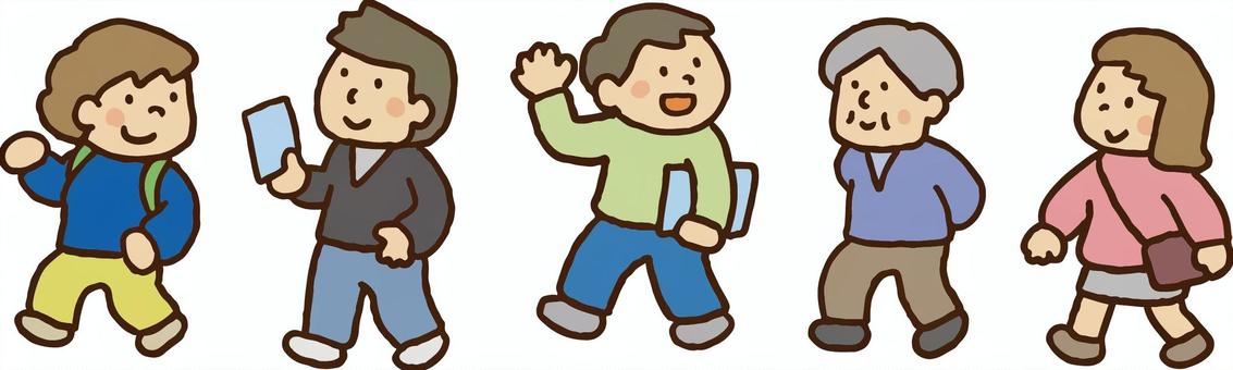 左方向に歩く人たち 人物,女性,男性,手描き,かわいい,カラー,こども,女の子,男の子,男女のイラスト素材