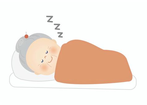 布団で寝ているシニア女性のイラスト 睡眠,シニア,スヤスヤ,安眠,布団,笑顔,快眠,ぐっすり,快適,健康のイラスト素材