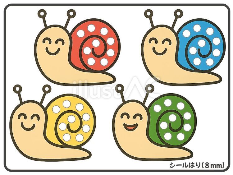 かたつむりシール貼り(赤青黄緑) 8mm プリント,幼稚園,保育園のイラスト素材
