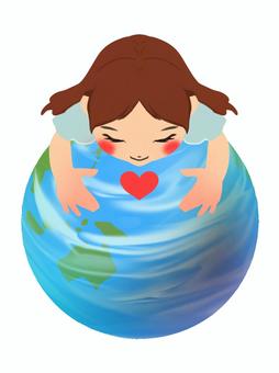 ちきゅうとおんなのこ 地球,女の子,青,ハート,抱きしめる,愛,やさしさのイラスト素材