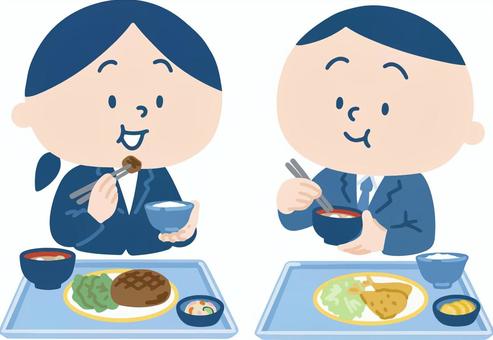 社員食堂＿定食を食べる男女2人 社員食堂,食堂,社食,ビジネス,会社,大人,男性,女性,男女,2人のイラスト素材