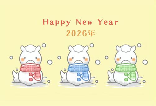 可愛い子馬の雪だるま3個年賀状2026年 可愛い子馬の雪だるま3個年賀状2026年 馬,雪だるま,赤,緑,子馬,マフラー,白馬,午年,午,年賀状のイラスト素材
