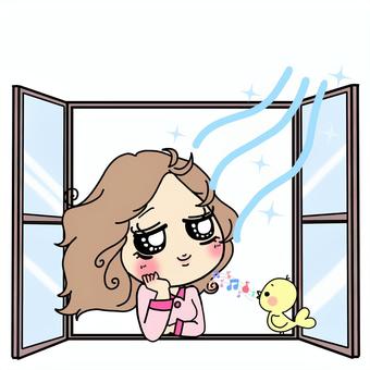ぶりっ子　朝起きて風を浴びる女子 モーニング,朝,風,換気,空気,起床,そよ風,気持ちいい,日差し,窓のイラスト素材
