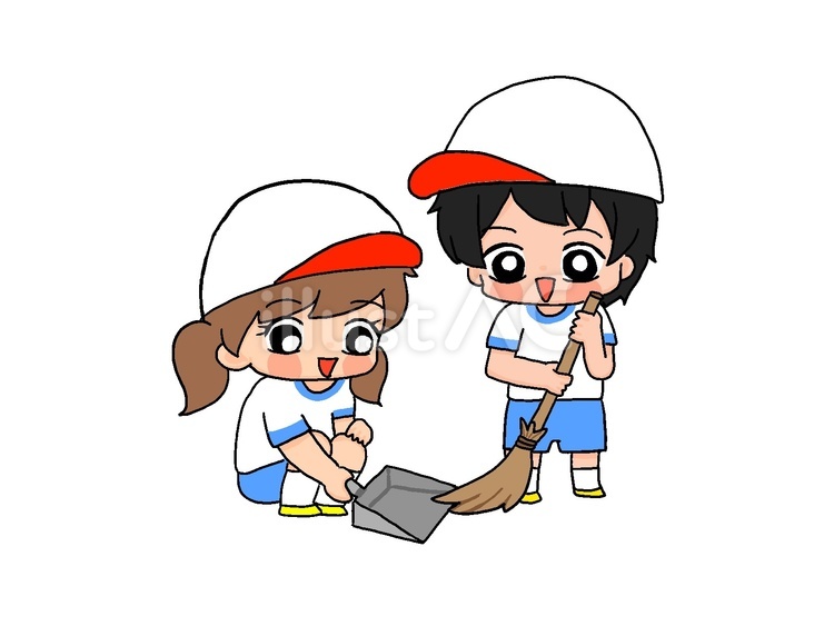 ほうきとちりとり６ 手描き,男の子,女の子のイラスト素材
