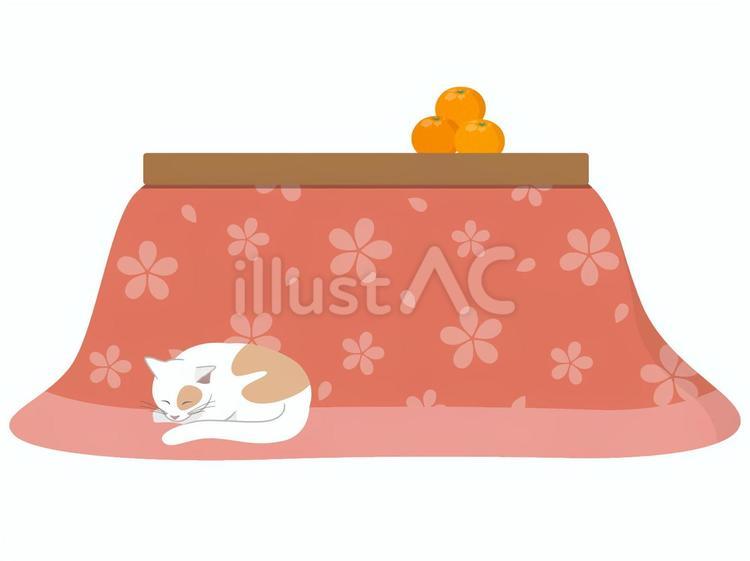 こたつと丸くなる猫 こたつ,みかん,猫のイラスト素材