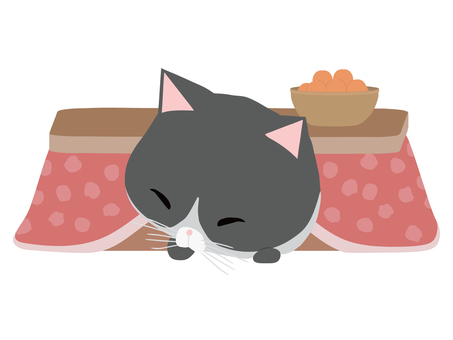 こたつで眠るはちわれ猫 こたつ,猫,はちわれ,動物,かわいい,暖房,冬,寝るのイラスト素材