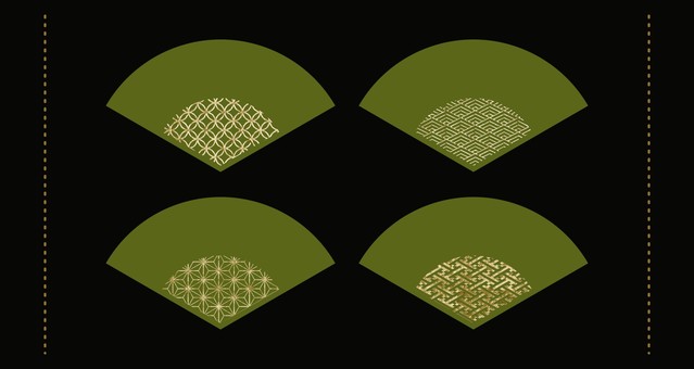 和柄とゴールドの緑扇子デザインセット 扇子,おうぎ,和柄,七宝,青海波,麻の葉,紗綾形,パターン,ゴールド,金のイラスト素材