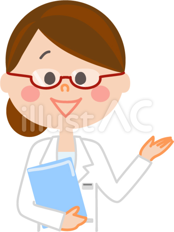 メガネをかけた白衣の女性　こちら 解説,お医者さん,どうぞのイラスト素材