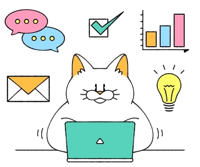 パソコン作業をする猫とアイコン