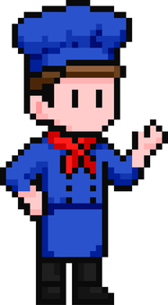 ドット絵の青のコックさんです。 ドット絵,レストラン,コック,シンプル,キッチン,白衣,エプロン,厨房,調理器具,料理人のイラスト素材