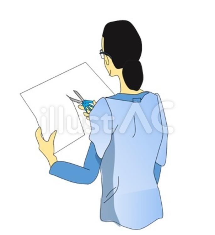 紙をハサミで切る女性　後姿　 女性,後姿,ハサミのイラスト素材