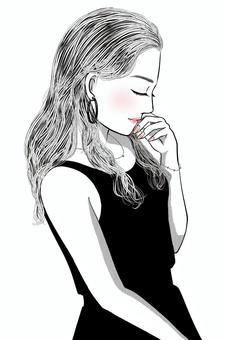 女性　上半身　うつむき　美人　おしゃれ 女性,上半身,うつむき,モノクロ,美人,おしゃれのイラスト素材