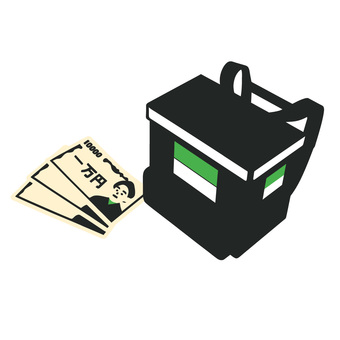 ウーバーイーツのバッグとお金 ウーバーイーツ,デリバリー,配達,バッグ,お金,収入,報酬,副業,キャッシュレス,宅配のイラスト素材