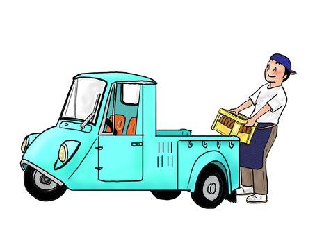 荷台に積み込む酒屋さん 人物,大人,男性,酒屋,瓶ビールケース,乗り物,軽自動車,トラック,荷台,全身のイラスト素材