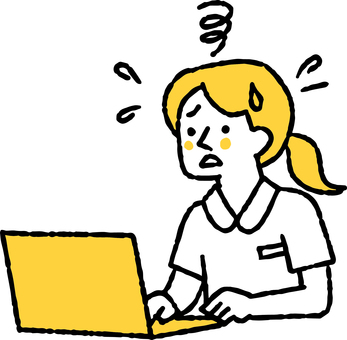 焦ってパソコン作業している女性看護師 焦る,パソコン,作業,女性,看護師,一人,医療従事者,デスクワーク,慌てる,忙しいのイラスト素材