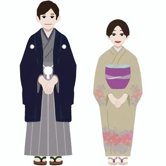 年末年始やお祝い事の御挨拶　年賀状 御挨拶,女性,着物,セット,全身,年末,年始,新年会,忘年会,袴姿のイラスト素材