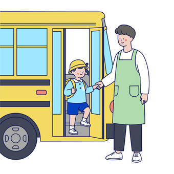 園バスを降りる幼児と先生のイラスト 人物,登園,園児,幼稚園,保育園,保育士,先生,男の子,子ども,バスのイラスト素材