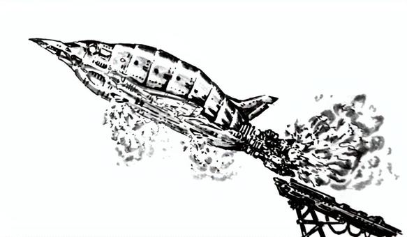 ペンギン　バードA GO！ 飛行機,メカ,オリジナル,架空,想像,離陸,発進,発射台,モノクロ,手描きのイラスト素材