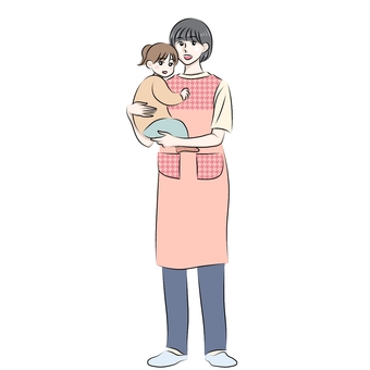 園児と保育士さん　エプロン柄有り 保育士,園児,女性,子供,女の子,全身,保育園,仕事,アイコンのイラスト素材