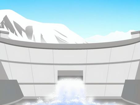 ダムと雪山 ダム,水力発電所,雪山,公共事業,建物,巨大建造物,背景,正面,放水,フラットのイラスト素材