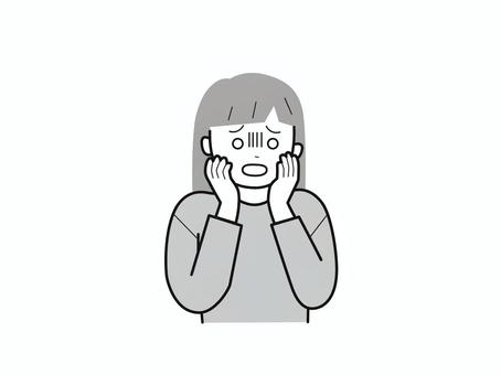 手を頬に当て青ざめる女子2／白黒 上半身,長袖,両手,頬,青ざめる,子供,女の子,女児,小学生,幼児のイラスト素材