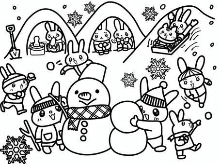 雪遊びぬりえ 雪遊びぬりえ うさぎ,猫,冬,雪,雪合戦,雪だるま,かまくら,そり,遊び,12月のイラスト素材