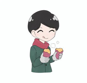 焼き芋を食べる男1 男性,男の子,さつまいも,焼き芋,石焼き芋,冬,秋,食べ物,11月,12月のイラスト素材
