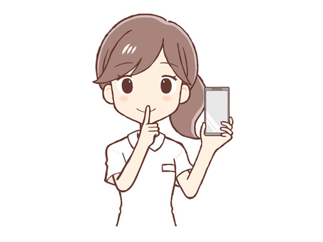 白衣の女性が携帯を持ちお静かに（上半身） 女,白衣,静か,内緒,ポーズ,携帯,電話,スマホ,スマートフォン,看護師のイラスト素材