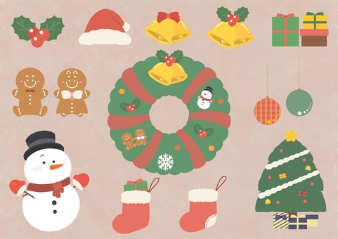 クリスマス素材セット クリスマス,ひいらぎ,サンタ帽子,鈴,プレゼント,オーナメント,クッキー,人型,リース,ツリーのイラスト素材