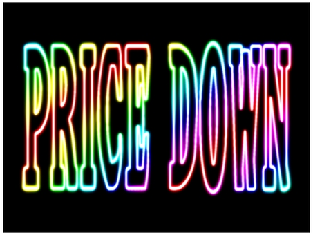 PRICE DOWN　ネオン　虹色 pricedown,プライスダウン,ネオン,グラデーション,虹色,レインボー,黒,pop,文字,ポストカードのイラスト素材