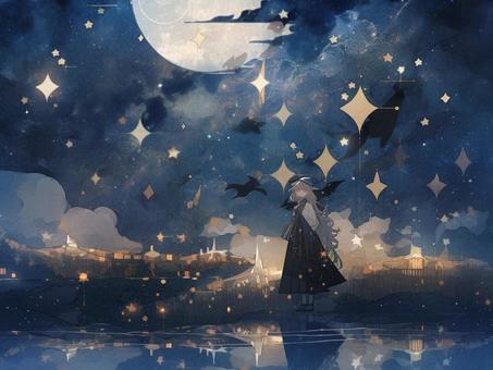 A sky full of stars, the moon, and a girl, star, night sky, lake, JPG