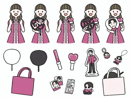 推し活するピンク担とグッズ 推し活,応援,コンサート,ライブ,アイドル,ファン,オタク,担当,推し,参戦のイラスト素材