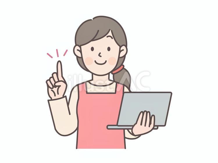 パソコンを持ちながら指差しする主婦 主婦,エプロン,人物のイラスト素材