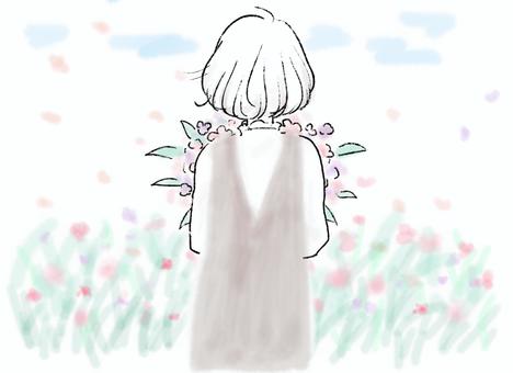 花束を持つ女性の後ろ姿　背景あり 花束,持つ,女性,後ろ姿,背景あり,女の子,女の人,花畑,景色,自然のイラスト素材