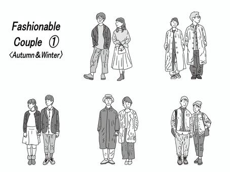 おしゃれカップルＤＦ①モノクロ 恋人,カップル,夫婦,彼氏,彼女,二人,おしゃれ,かわいい,ほのぼの,ラブラブのイラスト素材