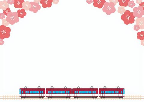 梅の花が咲く春の列車旅行の背景1 梅の花,電車,背景,梅,春,旅行,横,横向き,壁紙,フレームのイラスト素材
