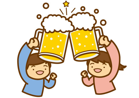 乾杯-4c 乾杯,忘年会,新年会,飲み会,ビール,ジョッキ,酒,泡,星,男性のイラスト素材