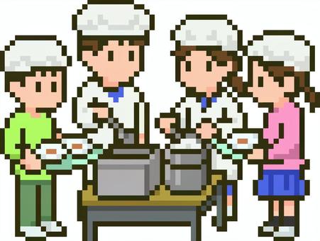 ドット絵の給食の時間です。 ドット絵,シンプル,配膳,小学生,割烹着,衛生キャップ,大鍋,トレイ,食缶,栄養のイラスト素材